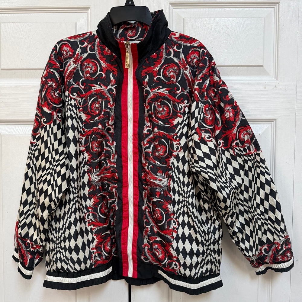 VTG Adolfo Red and Black Patterned Bomber Jacket Windbreaker Size S Zip - Picture 15 of 15